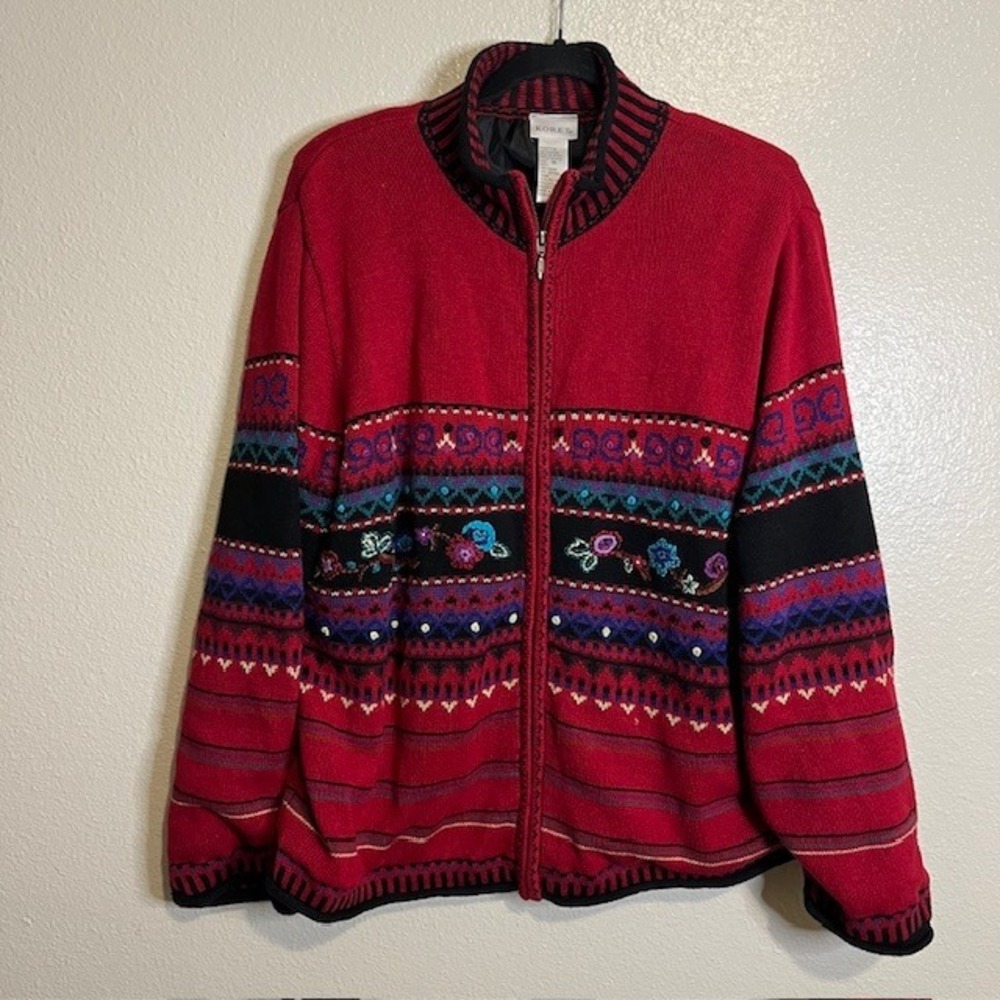 Koret XL Embroidered Floral Geometric Retro Grandma Core Sweater Jacket Lined